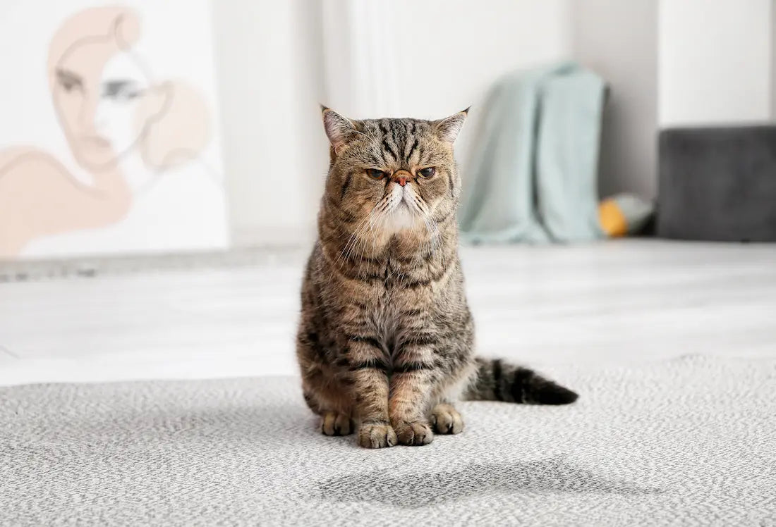 Chat debout ayant uriné au mileu d'une pièce. 
